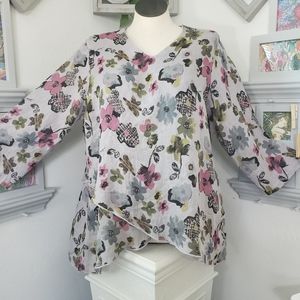 Click Gray Linen Floral Print Layered Hi Lo Bohemian Coastal Beach sz XXL